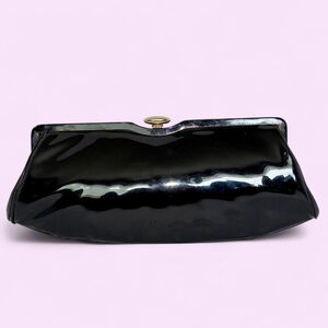 Vintage MCM 1950s Black Patent Clutch, Mid-Century Evening Bag Gold Clasp